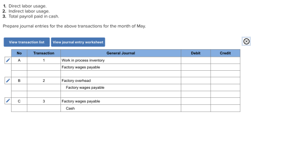 1. Direct labor usage. 2. Indirect labor usage. 3. Total payroll paid in cash. Prepare journal entries for the above transact