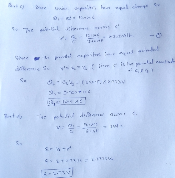 Part 6) So Since serier capereitors have equal charge Q = Q = 12046 So The The potential difference across c 12006 0.3333 Vo