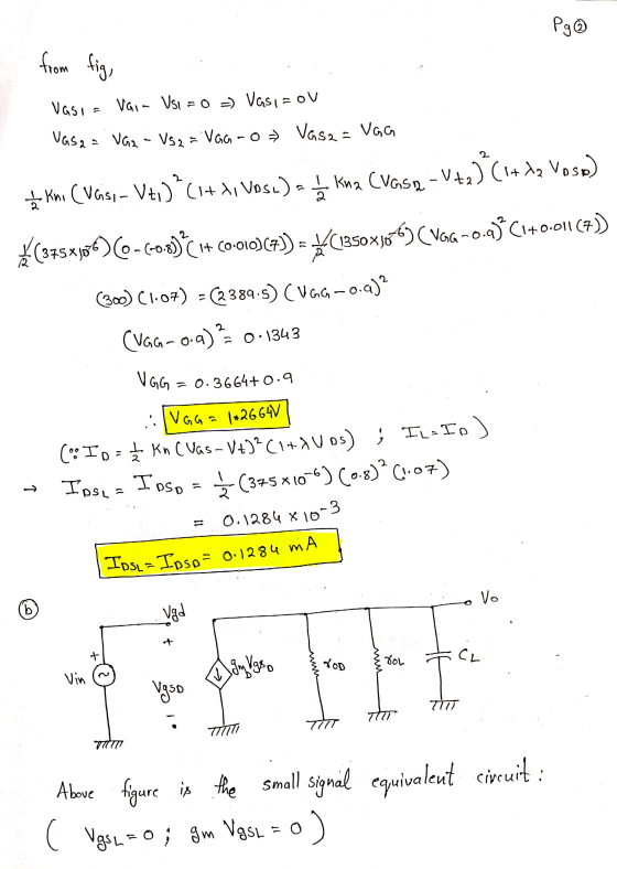 Pg@ from fig, Vasi VG. - VSI = 0 =) Vası = OV VGS2 = VG2 - VS2 = VGG - 07 Vas2 = UGG Kini (Vaisi - Vti) *(1+, Vos.) - į Kina