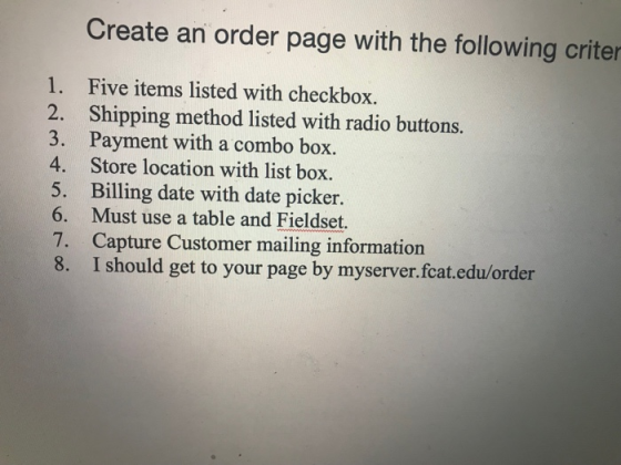 Create an order page with the following criter Five items listed with checkbox. Shipping method listed with radio buttons. Pa