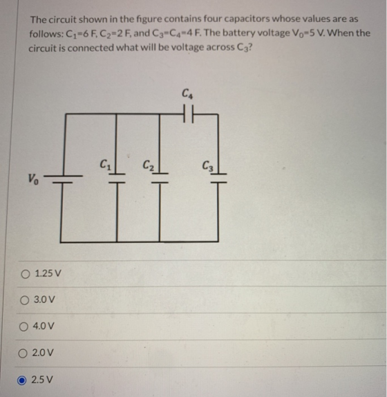 The circuit shown in the figure contains four capacitors whose values are as follows: C1-6 F, C2=2 F, and C3=C4-4 F. The batt