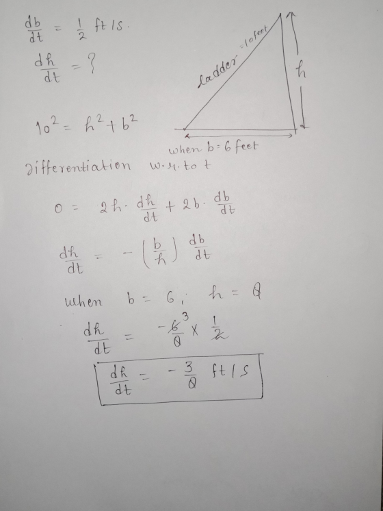 db - ! ft Is. =lofeet dh ? dadder e 102= h²+62 when b = 6 feet differentiation wirito t 0 = 2h. dh tab. db. A at I b 1 db dh