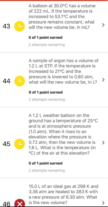 A balloon at 30.0°C has a volume of 222 mL. If the temperature is increased to 53.1°C and the pressure remains constant, what