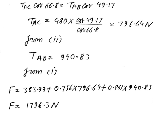 TAC Cos 66.82 TAB Cor 49.17 2 796.64N THC 2 480 X 49:17 com 66.8 from cij TADZ 940083 from cij Fz 383.997 0.756X796.647 0.861