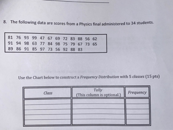 8. The following data are scores from a Physics final administered to 34 students. 81 76 93 99 47 67 69 72 83 88 56 62 91 94