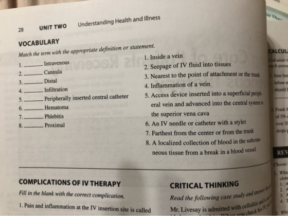 Thes 28 UNIT TWO Understanding Health and illness VID CALCUL Calculate each answe 1. June has infuse al should VOCABULARY Mat