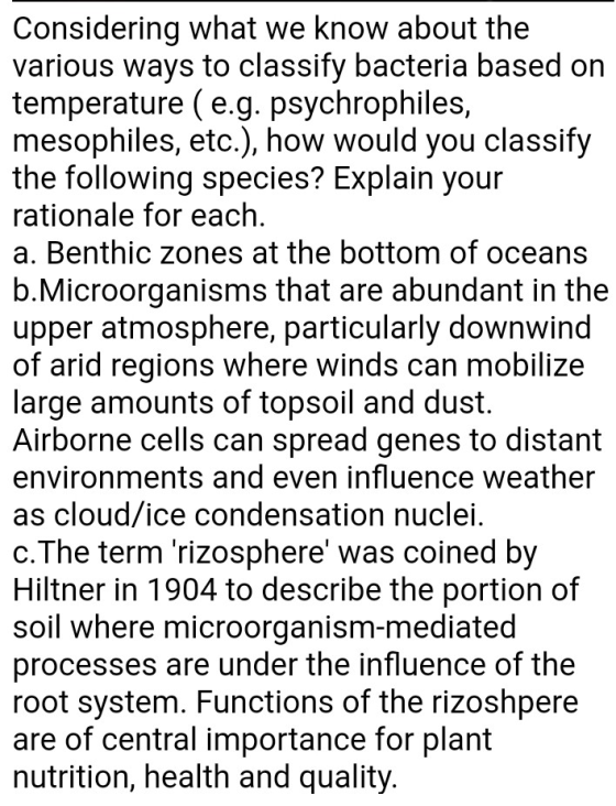 Considering what we know about the various ways to classify bacteria based on temperature (e.g. psychrophiles, mesophiles, et