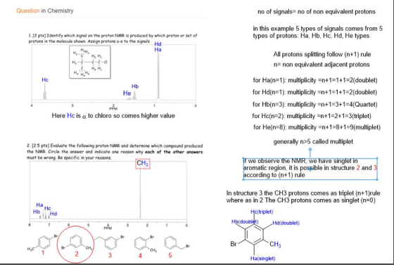 Question in Chemistry no of signals no of non equivalent protons in this example 5 types of signals comes from 5 types of protons: Ha, Hb, Hc Hd, He types 1. [2 pts] Identify which signal on the proton NMR is produced by which proton or set of protons in the molecule shown Assign protons a-e to the signols. Hd Ha All protons spliting follow (nt1) rule n non equivalent adjacent protons Hc for Ha(n-1): multiplicity n+1-1+1-2(doublet) for Hd(n-1): multiplicityn+1-1+1-2(doublet) for Hb(n-3) multiplicity n+1-3+1-4(Quartet) for Hc(n-2): multiplicityn+1-2+1-3(triplet) for He(n-8): multiplicity +1-8+1-9(multiplet) generally n>5 called multiplet Но Here Hc is α to chloro so comes higher value 2. 12.5 pts] Evaluate the following proton NMR and determine which compound produced the NMR. Circle the answer and indicate one reason why each of the other answers must be wrong, Be specific in your reasons. f we observe the NMR, we have singlet in romatic region, it is possible in structure 2 and ccording to (n+1) rule CH3 In structure 3 the CH3 protons comes as triplet (n+1)rule where as in 2 The CH3 protons comes as singlet (n-0) Hc Ho.. Hd c(triplet) Но Hd(doublet) Br CH Ha singlet)