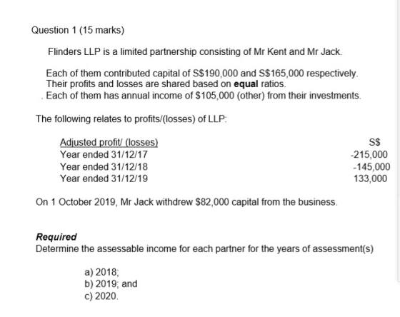 Question 1 (15 marks) Flinders LLP is a limited partnership consisting of Mr Kent and Mr Jack Each of them contributed capita