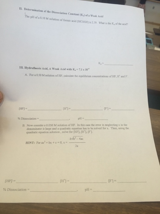 Determination of the dissociation Constant (K_a) o