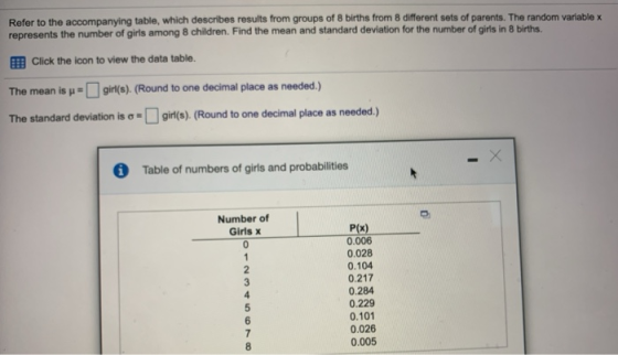 Refer to the accompanying table, which describes results from groups of 8 births from 8 different sets of parents. The random