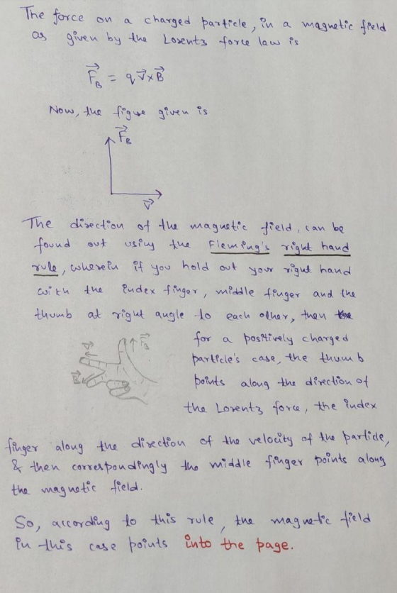 The force on as a charged particle, in a magnetic field given by the Losentz force law is F = q J x B Now, the figure given i
