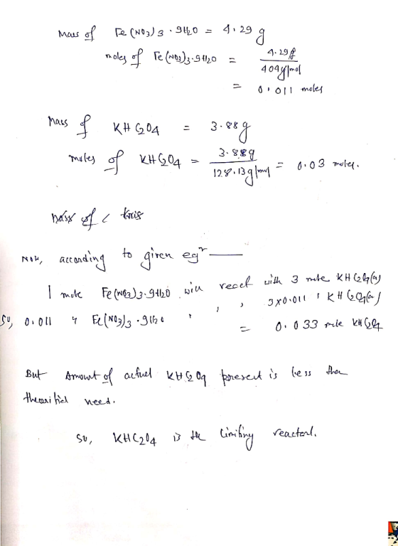 maes of Te (103) 3 • 9440 = 4:29 g moles of Te (way)3.5th 0 = - 400ggmol 4.29€ - 001 moles Mass of KH G04 - 3.889 moles of KH