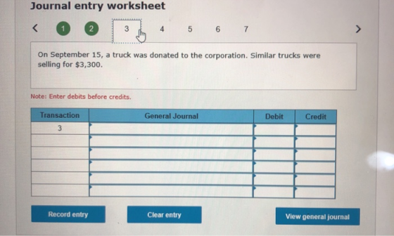 Journal entry worksheet 4 5 6 7 3 On September 15, a truck was donated to the corporation. Similar trucks were selling for $3