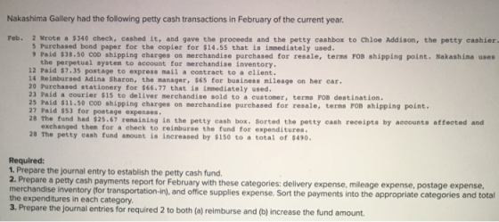 Nakashima Gallery had the following petty cash transactions in February of the current year. Feb. 2 Wrote a $340 check, cashe