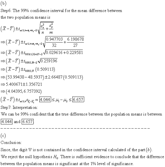 (b) Step 6: The 99% confidence interval for the mean difference between the two population means is 2 s2 (x-7)+tamine 10.9477