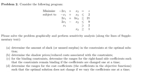 Problem 2. Consider the following program: Minimize 2 22 subject to+ x2 s2 2x1 + 3x2 21 xi r2 21 Please solve the problem gra