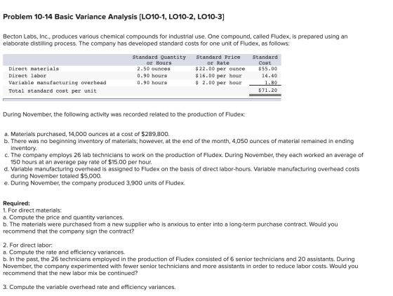 Problem 10-14 Basic Variance Analysis (LO10-1, LO10-2, LO10-3] Becton Labs, Inc., produces various chemical compounds for ind