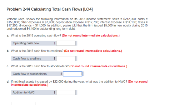 Problem 2-14 Calculating Total Cash Flows [LO4] Volbeat Corp. shows the following information on its 2015 income statement: sales $242,000; costs $153,000; other expenses $7,900, depreciation expense $17,700; interest expense $14,100, taxes $17,255, dividends $11,000. In addition, youre told that the firm issued $5,600 in new equity during 2015 and redeemed $4,100 in outstanding long-term debt. a. What is the 2015 operating cash flow? (Do not round intermediate calculations.) Operating cash flow b. What is the 2015 cash flow to creditors? (Do not round intermediate calculations.) Cash flow to creditors c. What is the 2015 cash flow to stockholders? (Do not round intermediate calculations.) Cash flow to stockholders d. If net fixed assets increased by $22,000 during the year, what was the addition to NWC? (Do not round intermediate calculations.) Addition to NWC
