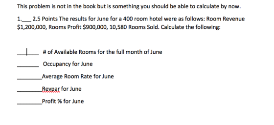 This problem is not in the book but is something you should be able to calculate by now. 1. 2.5 Points The results for June for a 400 room hotel were as follows: Room Revenue $1,200,000, Rooms Profit $900,000, 10,580 Rooms Sold. Calculate the following # of Available Rooms for the full month of June Occupancy for June Average Room Rate for June Revpar for June - Profit % for June