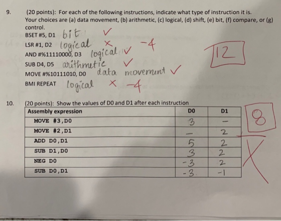 9. (20 points): For each of the following instructions, indicate what type of instruction it is. Your choices are (a) data mo