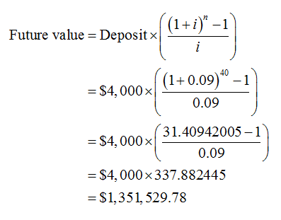 Future value = Deposit =$4,000 10.09 = $4.000 x 31.40942005-1) 0.09 = $4,000x337.882445 = $1,351, 529.78