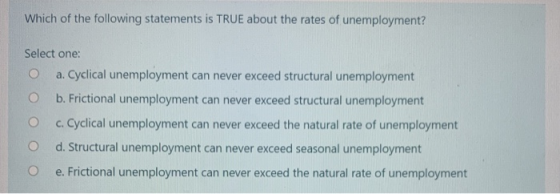 Which of the following statements is TRUE about the rates of unemployment? Select one: O a. Cyclical unemployment can never e