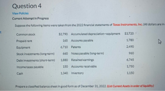Question 4 View Policies Current Attempt in Progress Suppose the following items were taken from the 2022 financial statement