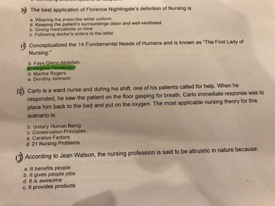 The best application of Florence Nightingales definition of Nursing is: a. Wearing the prescribe white uniform d. Keeping th