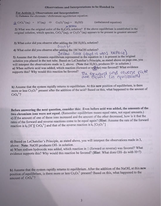 Observations and Interpretations to be Handed In For Activity: Observations and Interpretations 1) Balance the chromate / dic
