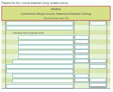 Prepare the April income statement using variable costing. Rite Ade Contribution Margin Income Statement (Variable Costing) M