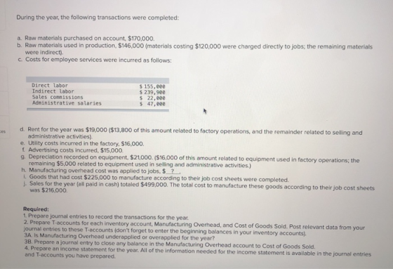 During the year, the following transactions were completed: a. Raw materials purchased on account, $170,000. b. Raw materials