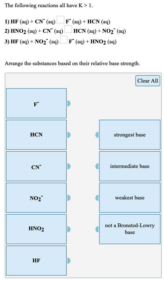 The following reactions all have K>1. 1) HF (aq) + CN (aq) F (aq) + HCN (aq) 2) HNO2 (aq) + CN* (aq)_HCN (aq) + NO2 (aq) 3) H