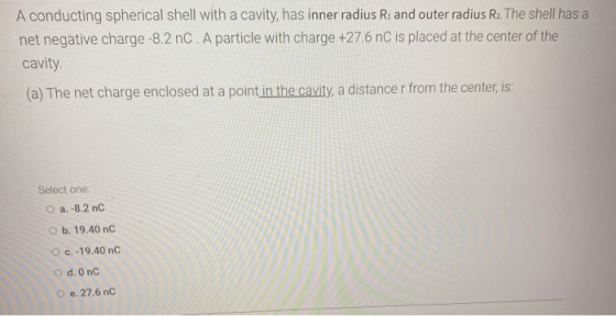 A conducting spherical shell with a cavity has inner radius R. and outer radius R2. The shell has a net negative charge -8.2