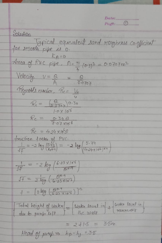 Date: Page: 0 Solution Typical equivalent sand roughness co-efficient for smooth pike is o. KAO Area of P. vc pipe, A= T] (0.