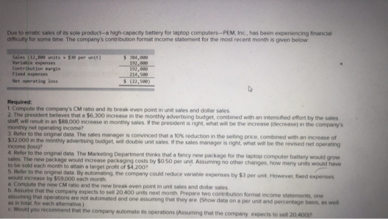 Due to erratic sales of its sole product-a high-capacity battery for laptop computers-PEM, Inc., has been experiencing financ