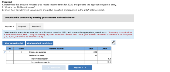Required: 1. Determine the amounts necessary to record income taxes for 2021, and prepare the appropriate journal entry. 2. W