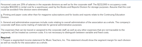 Personnel costs are 25% of salaries in the separate divisions as well as for the corporate staff. The $232,000 in occupancy c