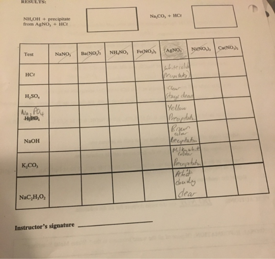 RESULTS: Na,Co, + HCO NHOH + precipitate from AgNO, + HCI NaNO, Ni(NO), Cu(NO) Test Ba(NO, NH.NO, Fe(NO), AgNO, HCI H SO. Nap
