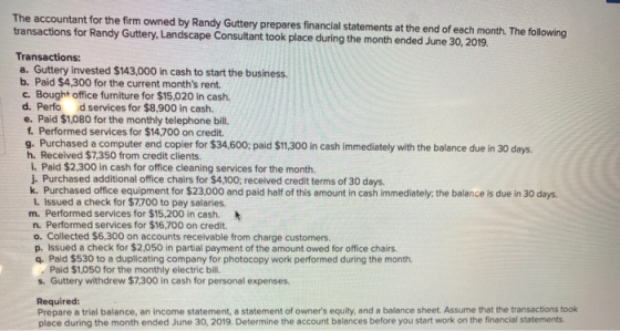 The accountant for the firm owned by Randy Guttery prepares financial statements at the end of each month. The following tran