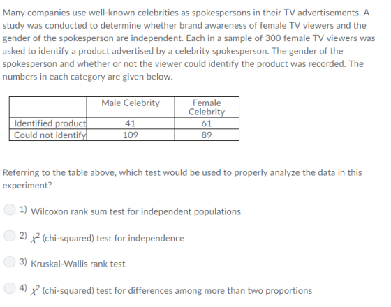Many companies use well-known celebrities as spokespersons in their TV advertisements. A study was conducted to determine whe