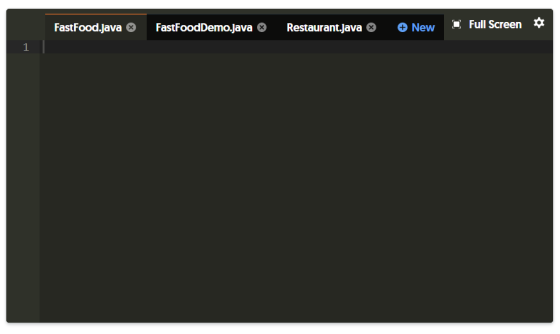 FastFood.java FastFoodDemo.Java Restaurant.Java New Full Screen 1