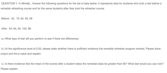 QUESTION 1: In Minitab, Answer the following questions for the set of data below. It represents data for students who took a