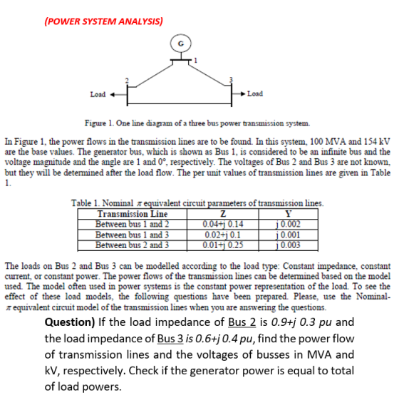  POWER SYSTEM ANALYSIS Load Load Figure 1 One Line Diagram Of A