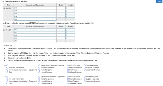 d. Equipment depreciation was $500. Print Date Accounts and Explanation Debit Credit (d) Dec 31 (16) (17) (18) (19) (20) e. O