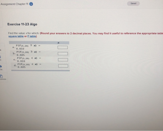 Saved Assignment Chapter 11 Exercise 11-23 Algo Find the value xfor which: (Round your answers to 2 square table or Ftable) d