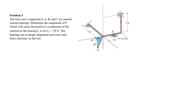 Problem 5 The bent rod is supported at A, B, and C by smooth journal bearings. Determine the magnitude of F which will cause the positive x-component of the reaction at the bearing C to be Cx 50 N. The bearings are in proper alignment and exert only force reactions on the rod. 2 m 2 m 30° 1 m0.75 m 60