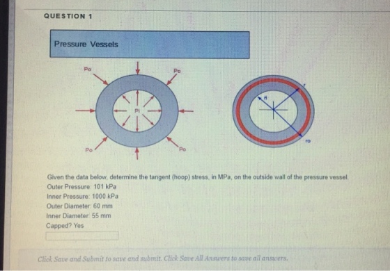 QUESTION 1 Pressure Vessels Po Po ro Po Po Given the data below, determine the tangent (hoop) stress, in MPa, on the outside wall of the pressure vessel Outer Pressure: 101 kPa Inner Pressure: 1000 kPa Outer Diameter: 60 mm Inner Diameter: 55 mm Capped? Yes Click Save and Submit to save and submit. Click Save All Answers to save all answers