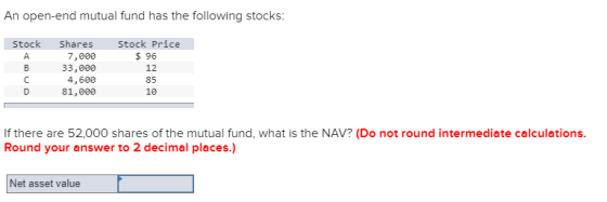 An open-end mutual fund has the following stocks: Stock Stock Price $ 96 Shares 7,000 33,000 4,600 81,000 If there are 52,000