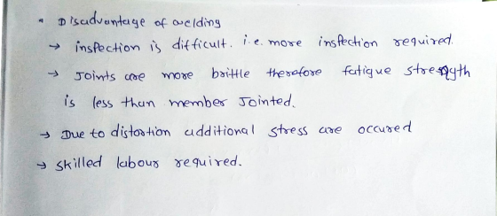Disadvantage of orelding inspection is difficult.i. e. more inspection required. Joints are brittle therefore fatigue strengt